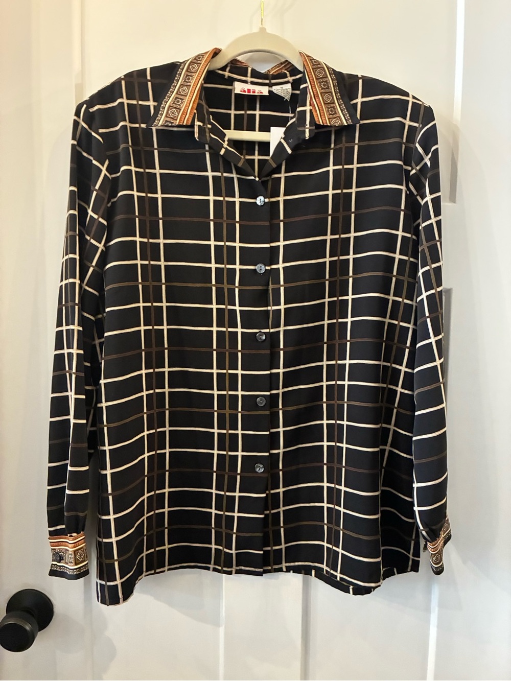 Alia Black Windowpane Button-Down Shirt with Patterned Trim